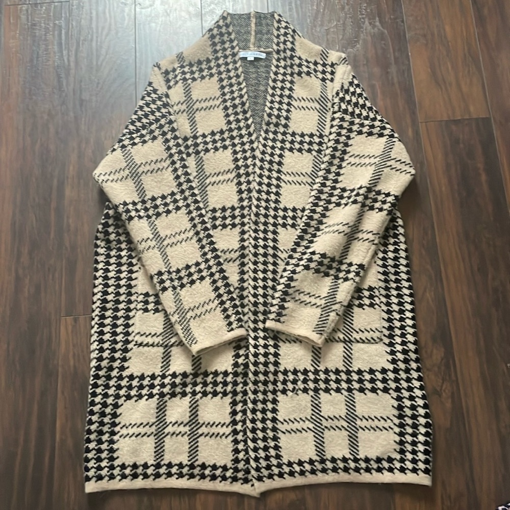 Baltic Born Women’s Wool Camel and Black Long Cardigan, Size L.